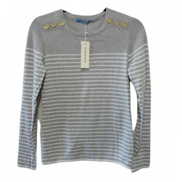 Burgess Cashmere Blend Striped Long Sleeve  Gray Sweater Size Small - Picture 9 of 9